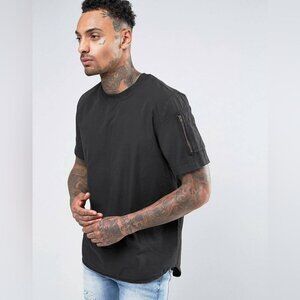 ASOS DESIGN Regular Fit Woven T-Shirt with Sleeve Pocket in Black